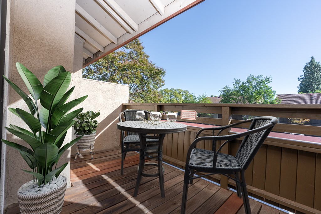 A patio with a table and chairs and a potted plant.