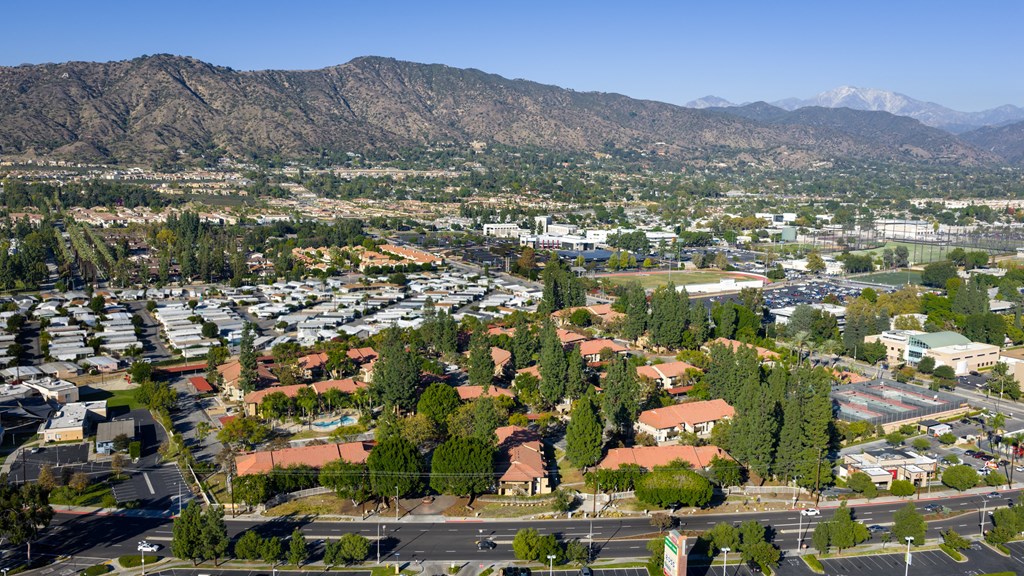 A suburban area with houses and a mountain in the background.