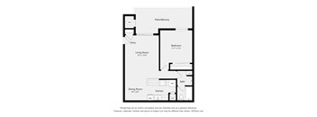 A floor plan of a home with a living room, dining room, kitchen, bath, and bedrooms.