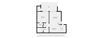 A floor plan of a house with a living room, dining room, kitchen, bedroom, bathroom and a patio.