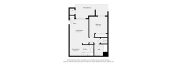 A floor plan of a home with a living room, dining room, kitchen, bathroom, bedroom and patio.