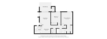 A floor plan of a house with a living room, two bedrooms, a dining room, a kitchen, and a patio.