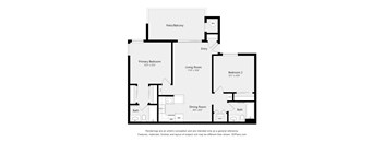 A floor plan of a house with a living room, dining room, bathroom, and two bedrooms.
