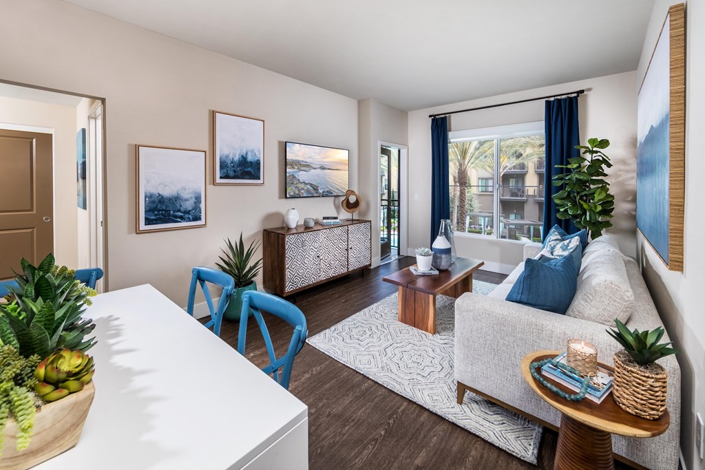 a living room with a couch and a table