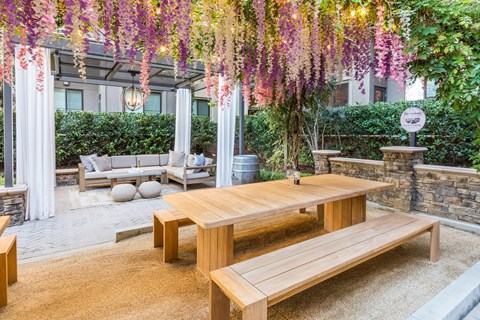 a communal picnic area with a wooden table and benches