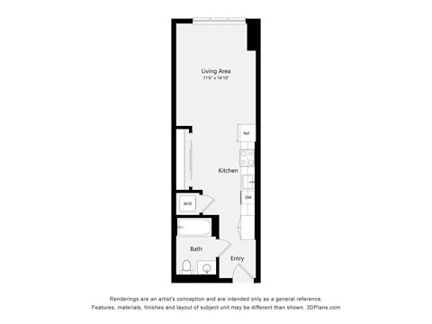 A floor plan of a residential area with a living area, kitchen, bath, and entry.