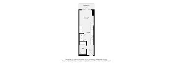 A floor plan of a small apartment with a living area, kitchen, and bath.