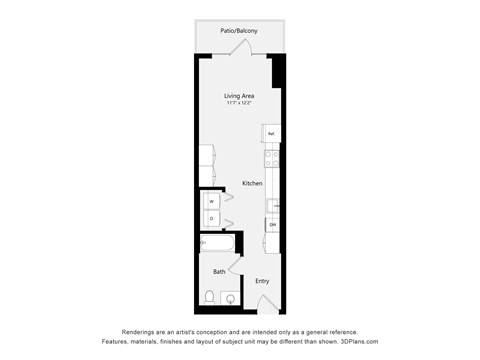 A floor plan of a small apartment with a living area, kitchen, and bath.