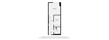 A floor plan of a small apartment with a living room, bedroom, kitchen, bathroom, and entry.
