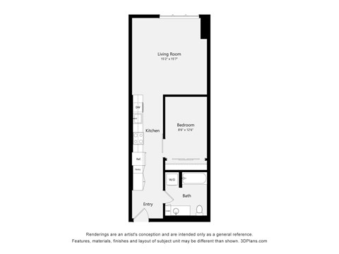 A floor plan of a small apartment with a living room, bedroom, kitchen, bathroom, and entry.