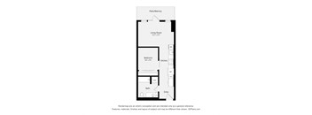 A floor plan of a small apartment with a living room, bedroom, and bathroom.