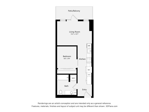 A floor plan of a small apartment with a living room, bedroom, and bathroom.