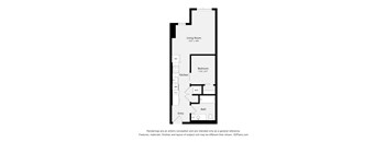 A floor plan of a home with a living room, kitchen, dining room, bedroom, bathroom and entry.