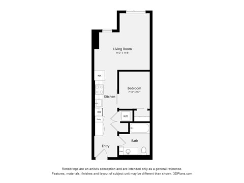 A floor plan of a home with a living room, kitchen, dining room, bedroom, bathroom and entry.