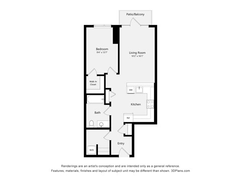 A floor plan of a home with a bedroom, living room, kitchen, bath, and entry.