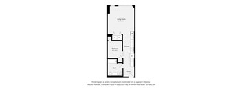 A floor plan of a small apartment with a living room, bedroom, kitchen, and bathroom.