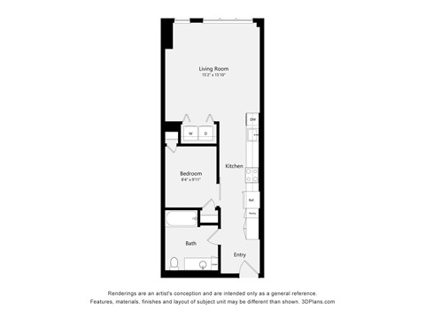 A floor plan of a small apartment with a living room, bedroom, kitchen, and bathroom.