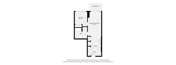 A floor plan of a small apartment with a bedroom, living room, kitchen, and bathroom.
