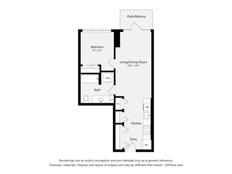 A floor plan of a small apartment with a bedroom, living room, kitchen, and bathroom.
