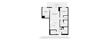 A floor plan of a home with a living room, two bedrooms, a kitchen, a bath, and an entry.