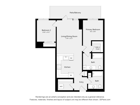 A floor plan of a home with a living room, two bedrooms, a kitchen, a bath, and an entry.