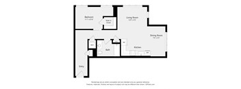 A floor plan of a house with a bedroom, living room, dining room, kitchen, bath, entry and a walk-in closet.