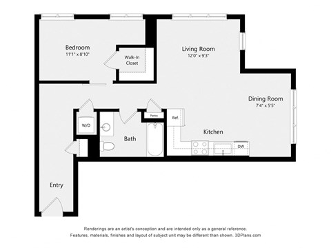A floor plan of a house with a bedroom, living room, dining room, kitchen, bath, entry and a walk-in closet.