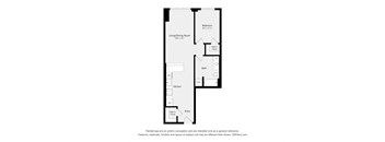 A floor plan of a small apartment with a living/dining room, kitchen, bathroom, and two bedrooms.