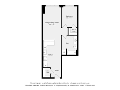A floor plan of a small apartment with a living/dining room, kitchen, bathroom, and two bedrooms.