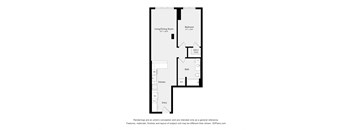 A floor plan of a small apartment with a living/dining room, kitchen, bath, and bedroom.