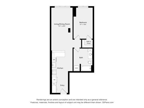 A floor plan of a small apartment with a living/dining room, kitchen, bath, and bedroom.