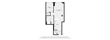 A floor plan of a small apartment with a bedroom, living/dining room, kitchen, and bathroom.