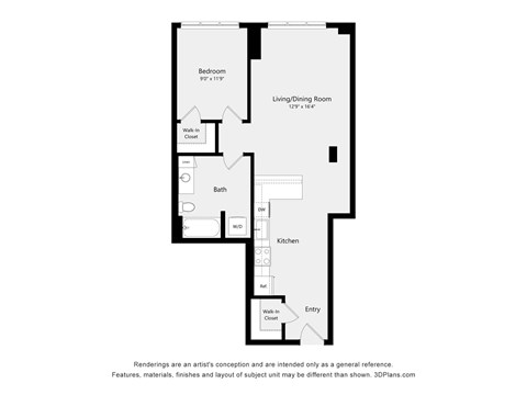 A floor plan of a small apartment with a bedroom, living/dining room, kitchen, and bathroom.