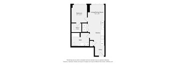 A floor plan of a small apartment with a bedroom, living/dining room, kitchen, bath, and entry.