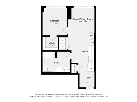 A floor plan of a small apartment with a bedroom, living/dining room, kitchen, bath, and entry.