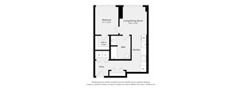 A floor plan of a small apartment with a bedroom, living/dining room, kitchen, and bathroom.