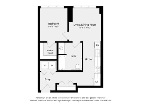 A floor plan of a small apartment with a bedroom, living/dining room, kitchen, and bathroom.