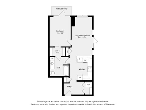 A floor plan of a home with a living room, dining room, kitchen, bathroom, and bedroom.