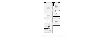 A floor plan of a small apartment with a living room, kitchen, two bathrooms, and two bedrooms.