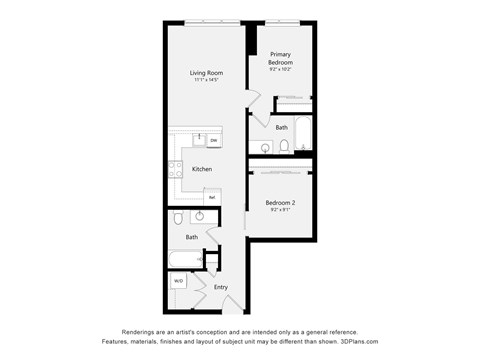 A floor plan of a small apartment with a living room, kitchen, two bathrooms, and two bedrooms.