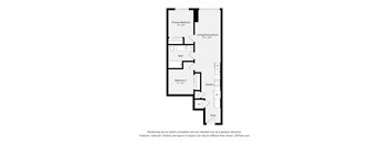A floor plan of a small apartment with a kitchen, two bedrooms, and a bathroom.