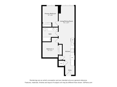 A floor plan of a small apartment with a kitchen, two bedrooms, and a bathroom.