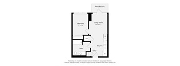 A floor plan of a small apartment with a bedroom, living room, kitchen, bathroom, and entry.