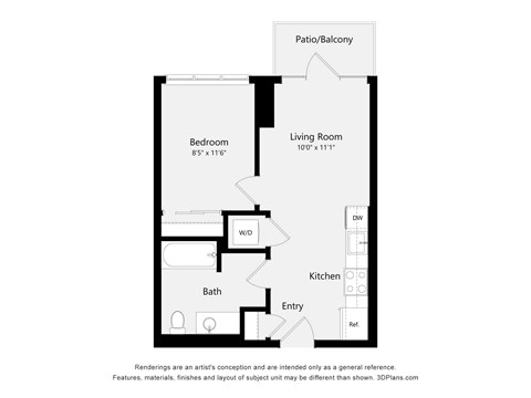 A floor plan of a small apartment with a bedroom, living room, kitchen, bathroom, and entry.