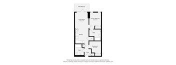 A black and white diagram of a house layout with a living room, kitchen, two bathrooms, and two bedrooms.
