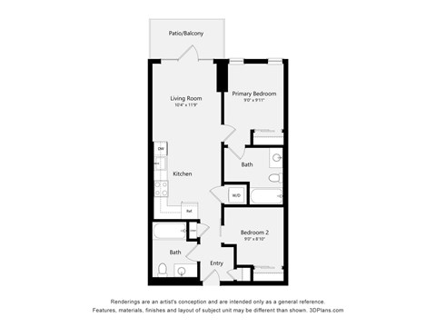 A black and white diagram of a house layout with a living room, kitchen, two bathrooms, and two bedrooms.