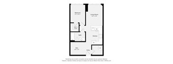 A floor plan of a small apartment with a bedroom, living room, kitchen, bathroom, and den.