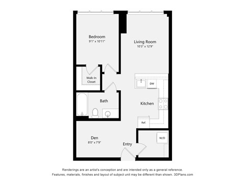 A floor plan of a small apartment with a bedroom, living room, kitchen, bathroom, and den.