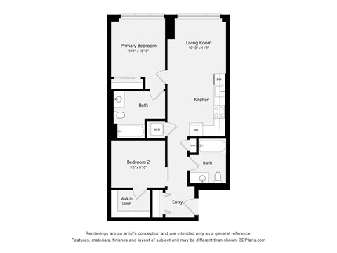 A black and white drawing of a floor plan for a two bedroom apartment.