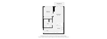 A floor plan of a house with a living room, two bedrooms, a bath, a kitchen, and an entry.